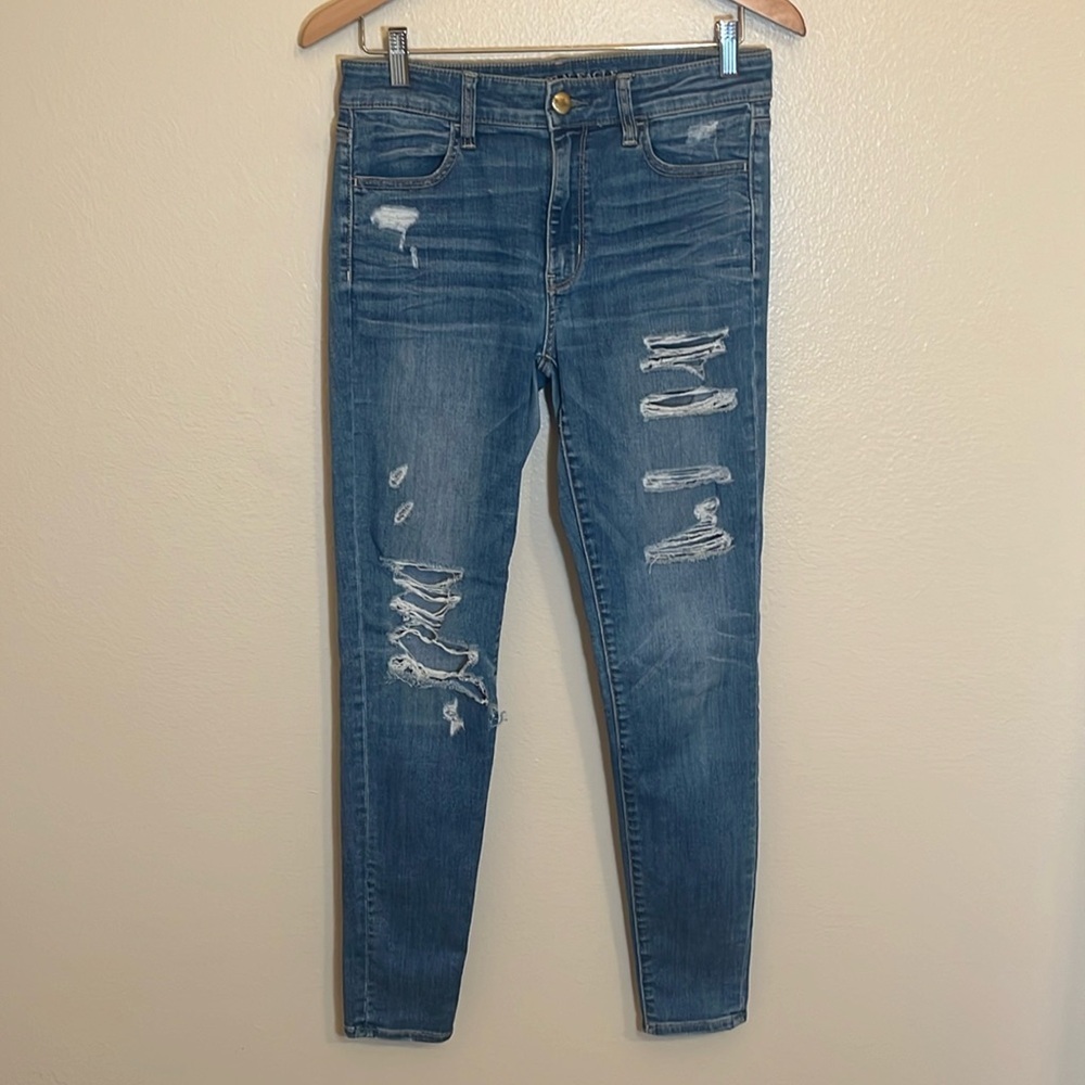 American Eagle Outfitters Blue Distressed Super Stretch Jeans